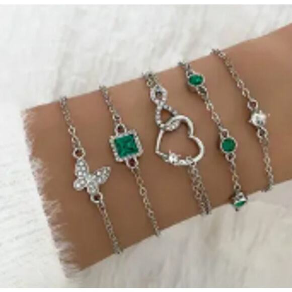 NEW - 5PC Silver bracelet, green butterfly bracelet, heart bracelet, gifts - Picture 1 of 1